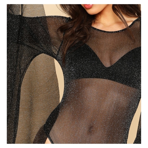 Black Mesh Glitter Exaggerated Sleeves Bodysuit - Picture 4 of 5